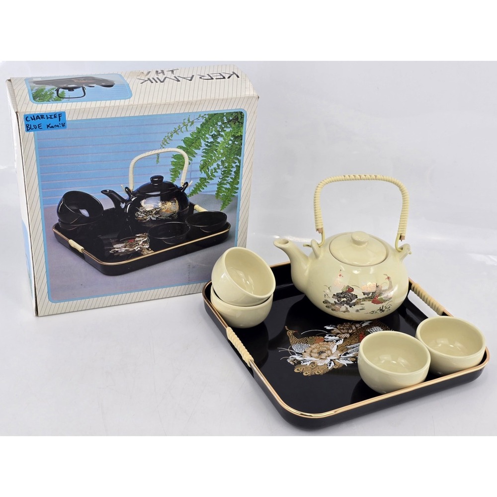Vintage Keramik Tea Set Teapot + 4 handleless Cups Teaset/Saki, New In Box White